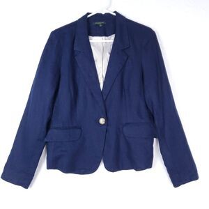 For Cynthia 100% Linen Blazer Jacket Womens Petite Large Navy Lined Pockets